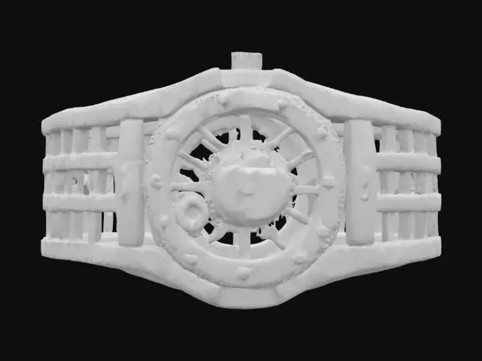 3D model for [Italy, Rome] Colosseum #AroundTheWorld# Object: Ancient amphitheater reimagined as a colossal mechanical wrist watch Material: weathered travertine stone interlaced with bronze gears and polished brass cogs Shape/Form: original elliptical tiers pierced by rotating gear rings and exposed clockwork interiors Color Scheme: aged ivory stone, burnished bronze, antique gold highlights Texture Details: cracked masonry, intricate gear teeth, subtle oil-stained metal plates Style: stylized low-poly steampunk fusion Environment/Use Context: positioned at the center of a VR piazza with drifting steam vents Reference Models: inspired by mechanical clock towers in adventure games and voxel machine kits