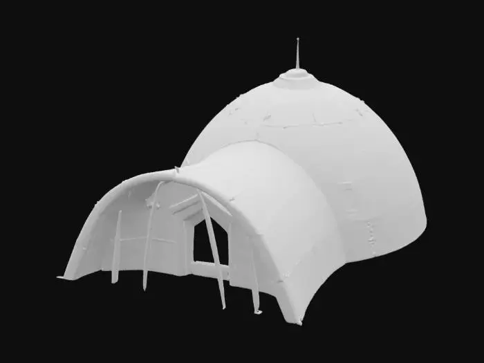 3D model for {
  "Object": "Nomad Ghost Camp – Arctic Outpost",
  "Material": "Foldable graphene panels, bone-framed supports, insulated nano-fabric canopies",
  "Shape/Form": "Low-profile modular dome; retractable observation spire; insulated supply compartments; Warg tether station and hidden entry hatch",
  "Color Scheme": "Frost white, matte gunmetal, faint aurora-light glows along seams",
  "Texture Details": "Smooth thermal-fabric tents, hardened panel ridges, frost-dusted surfaces, light-diffusing textures",
  "Style": "Tactical survivalist shelter with stealth-cloaking features",
  "Reference Models": "A mix of collapsible military outposts, Inuit igloo forms, and sci-fi recon tents",
}, #AroundTheWorld#, 
