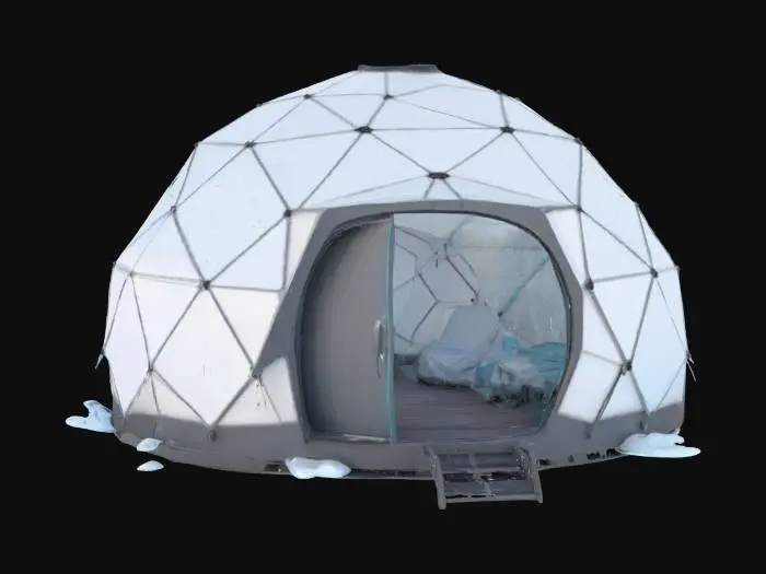 3D model for {
  "Object": "Nomad Ghost Camp – Arctic Outpost",
  "Material": "Foldable graphene panels, bone-framed supports, insulated nano-fabric canopies",
  "Shape/Form": "Low-profile modular dome; retractable observation spire; insulated supply compartments; Warg tether station and hidden entry hatch",
  "Color Scheme": "Frost white, matte gunmetal, faint aurora-light glows along seams",
  "Texture Details": "Smooth thermal-fabric tents, hardened panel ridges, frost-dusted surfaces, light-diffusing textures",
  "Style": "Tactical survivalist shelter with stealth-cloaking features",
  "Reference Models": "A mix of collapsible military outposts, Inuit igloo forms, and sci-fi recon tents",
}, #AroundTheWorld#, 
