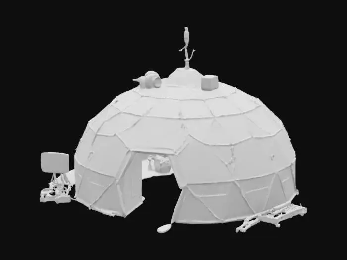 3D model for {
  "Object": "Nomad Ghost Camp – Arctic Outpost",
  "Material": "Foldable graphene panels, bone-framed supports, insulated nano-fabric canopies",
  "Shape/Form": "Low-profile modular dome; retractable observation spire; insulated supply compartments; Warg tether station and hidden entry hatch",
  "Color Scheme": "Frost white, matte gunmetal, faint aurora-light glows along seams",
  "Texture Details": "Smooth thermal-fabric tents, hardened panel ridges, frost-dusted surfaces, light-diffusing textures",
  "Style": "Tactical survivalist shelter with stealth-cloaking features",
  "Reference Models": "A mix of collapsible military outposts, Inuit igloo forms, and sci-fi recon tents",
}, #AroundTheWorld#, 
