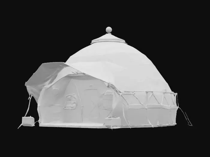 3D model for {
  "Object": "Nomad Ghost Camp – Arctic Outpost",
  "Material": "Foldable graphene panels, bone-framed supports, insulated nano-fabric canopies",
  "Shape/Form": "Low-profile modular dome; retractable observation spire; insulated supply compartments; Warg tether station and hidden entry hatch",
  "Color Scheme": "Frost white, matte gunmetal, faint aurora-light glows along seams",
  "Texture Details": "Smooth thermal-fabric tents, hardened panel ridges, frost-dusted surfaces, light-diffusing textures",
  "Style": "Tactical survivalist shelter with stealth-cloaking features",
  "Reference Models": "A mix of collapsible military outposts, Inuit igloo forms, and sci-fi recon tents",
}, #AroundTheWorld#, 
