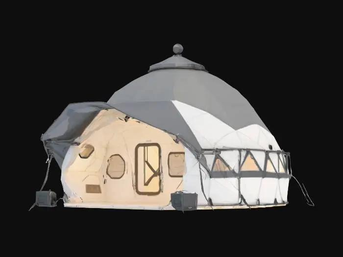 3D model for {
  "Object": "Nomad Ghost Camp – Arctic Outpost",
  "Material": "Foldable graphene panels, bone-framed supports, insulated nano-fabric canopies",
  "Shape/Form": "Low-profile modular dome; retractable observation spire; insulated supply compartments; Warg tether station and hidden entry hatch",
  "Color Scheme": "Frost white, matte gunmetal, faint aurora-light glows along seams",
  "Texture Details": "Smooth thermal-fabric tents, hardened panel ridges, frost-dusted surfaces, light-diffusing textures",
  "Style": "Tactical survivalist shelter with stealth-cloaking features",
  "Reference Models": "A mix of collapsible military outposts, Inuit igloo forms, and sci-fi recon tents",
}, #AroundTheWorld#, 
