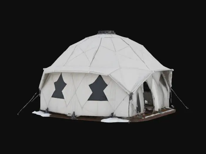 3D model for {
  "Object": "Nomad Ghost Camp – Arctic Outpost",
  "Material": "Foldable graphene panels, bone-framed supports, insulated nano-fabric canopies",
  "Shape/Form": "Low-profile modular dome; retractable observation spire; insulated supply compartments; Warg tether station and hidden entry hatch",
  "Color Scheme": "Frost white, matte gunmetal, faint aurora-light glows along seams",
  "Texture Details": "Smooth thermal-fabric tents, hardened panel ridges, frost-dusted surfaces, light-diffusing textures",
  "Style": "Tactical survivalist shelter with stealth-cloaking features",
  "Reference Models": "A mix of collapsible military outposts, Inuit igloo forms, and sci-fi recon tents",
}, #AroundTheWorld#, 
