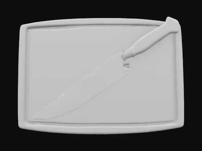 3D model for Object: Wooden Cutting Board with Knife

Material: Solid oak wood for the board, stainless steel for the knife

Shape/Form: Rectangular board with beveled edges, chef’s knife with a slightly curved blade

Color Scheme: Warm, medium-toned wood, brushed metal blade, black handle

Texture Details: Smooth, sanded wood with knife marks, slightly reflective blade

Style: Realistic, PBR with detailed wood grain and subtle wear marks

Environment/Use Context: Placed on a granite countertop with chopped vegetables nearby

Reference Models: Similar to kitchenware from Williams Sonoma.