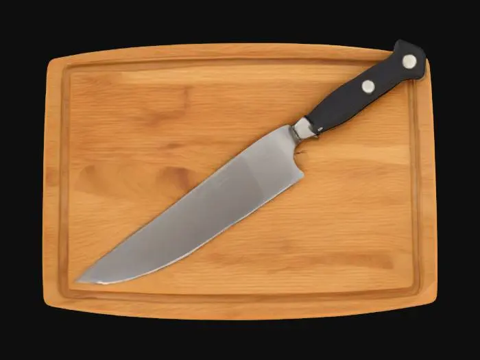 3D model for Object: Wooden Cutting Board with Knife

Material: Solid oak wood for the board, stainless steel for the knife

Shape/Form: Rectangular board with beveled edges, chef’s knife with a slightly curved blade

Color Scheme: Warm, medium-toned wood, brushed metal blade, black handle

Texture Details: Smooth, sanded wood with knife marks, slightly reflective blade

Style: Realistic, PBR with detailed wood grain and subtle wear marks

Environment/Use Context: Placed on a granite countertop with chopped vegetables nearby

Reference Models: Similar to kitchenware from Williams Sonoma.
