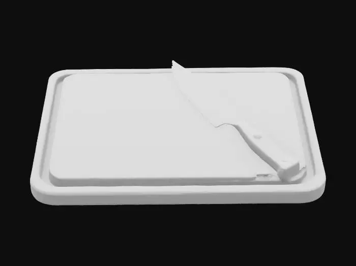 3D model for Object: Wooden Cutting Board with Knife

Material: Solid oak wood for the board, stainless steel for the knife

Shape/Form: Rectangular board with beveled edges, chef’s knife with a slightly curved blade

Color Scheme: Warm, medium-toned wood, brushed metal blade, black handle

Texture Details: Smooth, sanded wood with knife marks, slightly reflective blade

Style: Realistic, PBR with detailed wood grain and subtle wear marks

Environment/Use Context: Placed on a granite countertop with chopped vegetables nearby

Reference Models: Similar to kitchenware from Williams Sonoma.