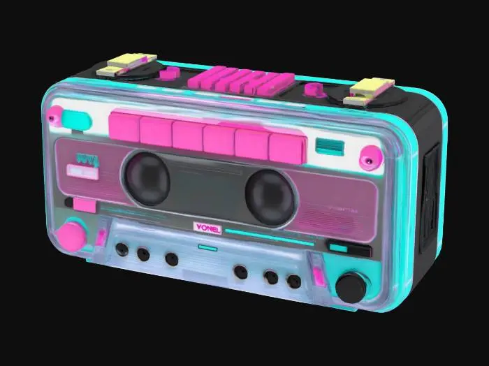 3D model for Object: A retro-futuristic cassette player
Material: Polished chrome and translucent plastic
Shape/Form: Rectangular body with rounded edges and oversized buttons
Color Scheme: Neon pink with teal and chrome accents
Texture Details: Glossy surfaces with subtle fingerprint smudges and retro sticker decals
Style: Voxel with a synthwave aesthetic and 80s sci-fi influences
Environment/Use Context: Sitting on a cluttered desk under purple and blue neon lighting
Reference Models: Inspired by the Sony Walkman and Tron Legacy’s aesthetic