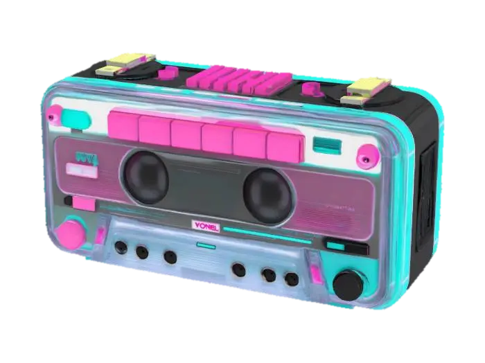 Object: A retro-futuristic cassette player Material: Polished chrome and translucent…-3D-modell, genererad av AI