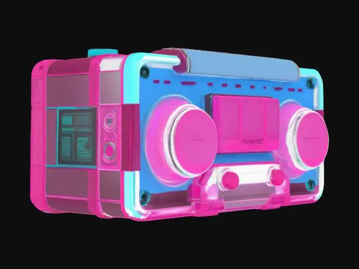 3D model for Object: A retro-futuristic cassette player
Material: Polished chrome and translucent plastic
Shape/Form: Rectangular body with rounded edges and oversized buttons
Color Scheme: Neon pink with teal and chrome accents
Texture Details: Glossy surfaces with subtle fingerprint smudges and retro sticker decals
Style: Voxel with a synthwave aesthetic and 80s sci-fi influences
Environment/Use Context: Sitting on a cluttered desk under purple and blue neon lighting
Reference Models: Inspired by the Sony Walkman and Tron Legacy’s aesthetic