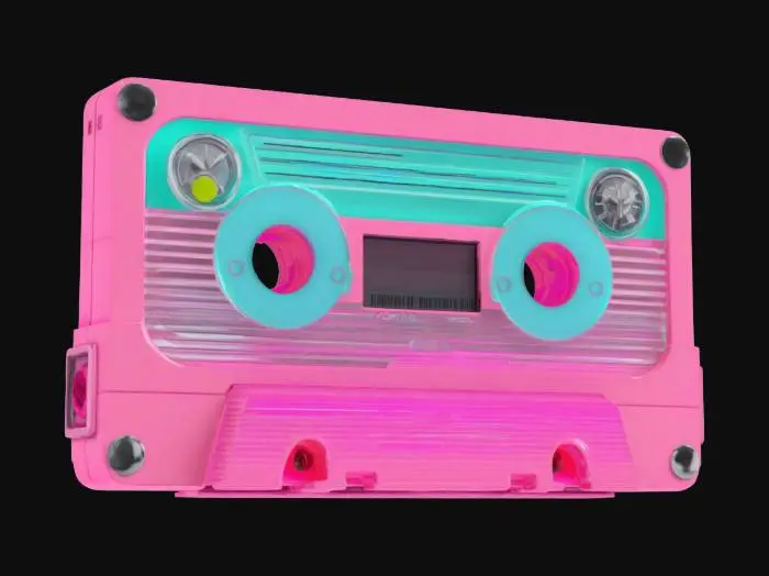 3D model for Object: A retro-futuristic cassette player
Material: Polished chrome and translucent plastic
Shape/Form: Rectangular body with rounded edges and oversized buttons
Color Scheme: Neon pink with teal and chrome accents
Texture Details: Glossy surfaces with subtle fingerprint smudges and retro sticker decals
Style: Voxel with a synthwave aesthetic and 80s sci-fi influences
Environment/Use Context: Sitting on a cluttered desk under purple and blue neon lighting
Reference Models: Inspired by the Sony Walkman and Tron Legacy’s aesthetic
