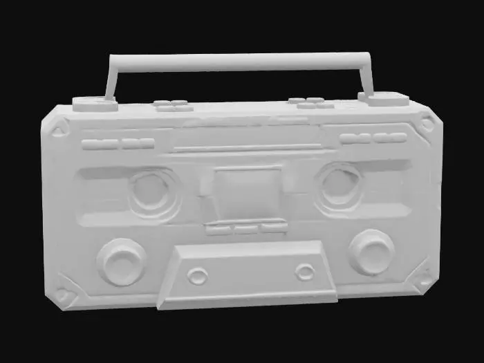 3D model for Object: A retro-futuristic cassette player
Material: Polished chrome and translucent plastic
Shape/Form: Rectangular body with rounded edges and oversized buttons
Color Scheme: Neon pink with teal and chrome accents
Texture Details: Glossy surfaces with subtle fingerprint smudges and retro sticker decals
Style: Voxel with a synthwave aesthetic and 80s sci-fi influences
Environment/Use Context: Sitting on a cluttered desk under purple and blue neon lighting
Reference Models: Inspired by the Sony Walkman and Tron Legacy’s aesthetic