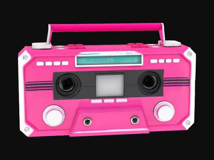 3D model for Object: A retro-futuristic cassette player
Material: Polished chrome and translucent plastic
Shape/Form: Rectangular body with rounded edges and oversized buttons
Color Scheme: Neon pink with teal and chrome accents
Texture Details: Glossy surfaces with subtle fingerprint smudges and retro sticker decals
Style: Voxel with a synthwave aesthetic and 80s sci-fi influences
Environment/Use Context: Sitting on a cluttered desk under purple and blue neon lighting
Reference Models: Inspired by the Sony Walkman and Tron Legacy’s aesthetic