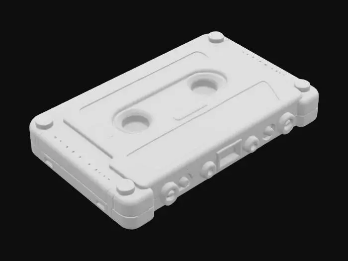 3D model for Object: A retro-futuristic cassette player
Material: Polished chrome and translucent plastic
Shape/Form: Rectangular body with rounded edges and oversized buttons
Color Scheme: Neon pink with teal and chrome accents
Texture Details: Glossy surfaces with subtle fingerprint smudges and retro sticker decals
Style: Voxel with a synthwave aesthetic and 80s sci-fi influences
Environment/Use Context: Sitting on a cluttered desk under purple and blue neon lighting
Reference Models: Inspired by the Sony Walkman and Tron Legacy’s aesthetic