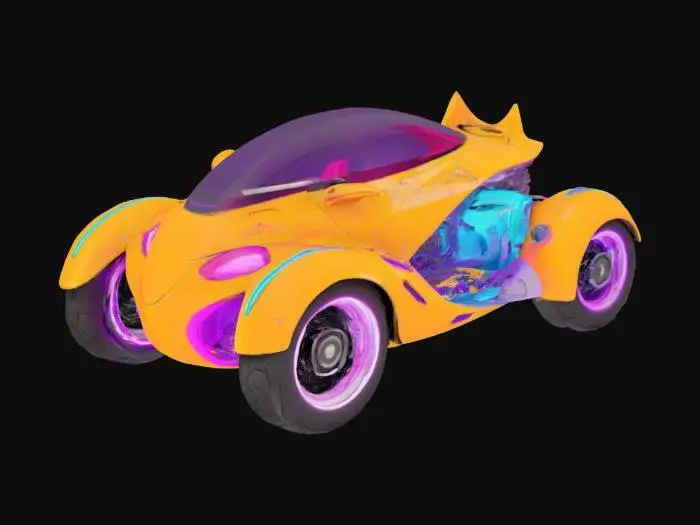 3D model for Object: Futuristic cyberpunk vehicle with a sleeker, more curved design and vibrant neon highlights.

Material: Glossy metal, acrylic panels, and translucent neon LED strips.

Shape/Form: Streamlined, low-profile body with aerodynamic curves, wide tires, and prominent rear spoiler.

Color Scheme: Bold yellow as the base with pink accents, purple neon underglow, and cyan LED details.

Texture Details: Glossy, reflective surfaces with chrome highlights; intricate neon circuitry patterns along the body; subtle wear and tear for a slightly lived-in look.

Reference Models (Optional): Inspirations from "Akira," "Cyberpunk 2077," and retro-futuristic concept cars for an eye-catching, high-energy appearance.