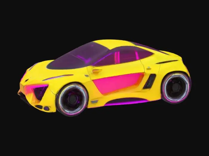 3D model for Object: Futuristic cyberpunk vehicle with a sleeker, more curved design and vibrant neon highlights.

Material: Glossy metal, acrylic panels, and translucent neon LED strips.

Shape/Form: Streamlined, low-profile body with aerodynamic curves, wide tires, and prominent rear spoiler.

Color Scheme: Bold yellow as the base with pink accents, purple neon underglow, and cyan LED details.

Texture Details: Glossy, reflective surfaces with chrome highlights; intricate neon circuitry patterns along the body; subtle wear and tear for a slightly lived-in look.

Reference Models (Optional): Inspirations from "Akira," "Cyberpunk 2077," and retro-futuristic concept cars for an eye-catching, high-energy appearance.