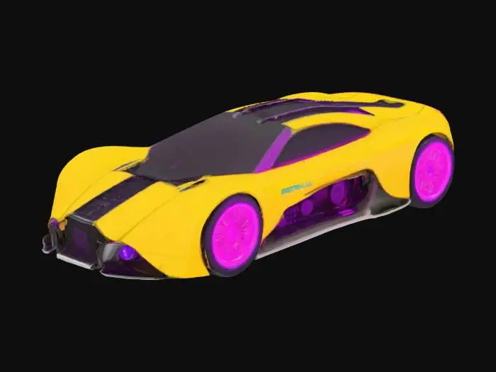 3D model for Object: Futuristic cyberpunk vehicle with a sleeker, more curved design and vibrant neon highlights.

Material: Glossy metal, acrylic panels, and translucent neon LED strips.

Shape/Form: Streamlined, low-profile body with aerodynamic curves, wide tires, and prominent rear spoiler.

Color Scheme: Bold yellow as the base with pink accents, purple neon underglow, and cyan LED details.

Texture Details: Glossy, reflective surfaces with chrome highlights; intricate neon circuitry patterns along the body; subtle wear and tear for a slightly lived-in look.

Reference Models (Optional): Inspirations from "Akira," "Cyberpunk 2077," and retro-futuristic concept cars for an eye-catching, high-energy appearance.