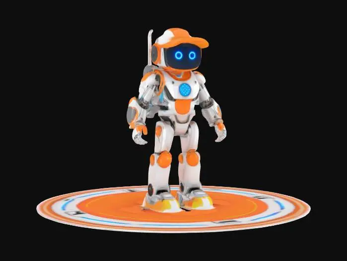 3D model for Cyber Beach Lifeguard Bot: A robotic lifeguard with a sun visor, neon lifebuoy, and retractable hover jets. Its eyes are LED screens displaying emoji alerts.

Style: PBR, Cartoon

Material: Polished chrome, soft silicone, neon tubing

Color Scheme: Electric orange, silver, neon blue

Texture Details: Smooth metallic surfaces, matte silicone grip areas, holographic LED display

Environment: Patrolling a neon-lit beach with floating AR warning signs