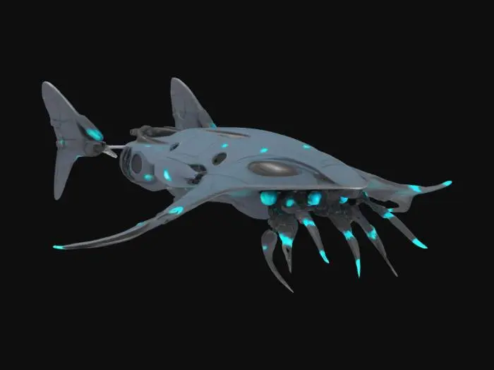 3D model for {
  "object": "Abyssal Mecha-Ray",
  "material": "Smooth, metallic plating with bioluminescent nodes and flexible synthetic skin",
  "shape_form": "Wide, manta ray-like body with mechanical wing flaps and multiple articulated tentacles",
  "color_scheme": "Dark steel gray with cyan and electric blue glowing accents",
  "texture_details": "Sleek, polished metal with visible rivets and faint scratches; synthetic skin with a wet, glossy finish and soft luminescent patches",
  "style": "Realistic with a sci-fi biomechanical aesthetic",
  "environment_use_context": "Gliding through the deep ocean, surrounded by otherworldly aquatic life and shipwreck debris",
  "reference_models": ["Mechanical Stingray", "Alien Aquatic Drone"]
}
