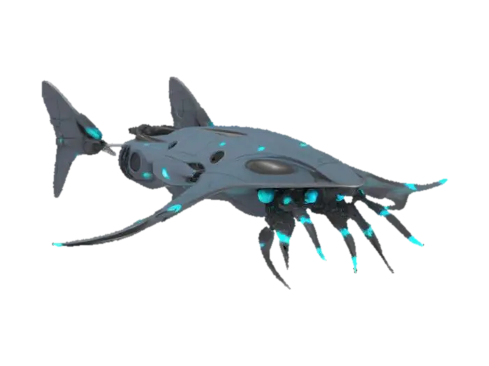 { "object": "Abyssal Mecha-Ray", "material": "Smooth, metallic plating with… - Synthetic 3D model, vytvořený pomocí AI