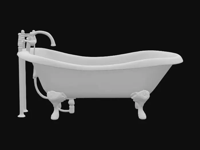 3D model for single Victorian-style bathtub with claw feet and a high back, featuring a serene young Inuit woman amidst soft, frothy bubbles, with gold accents and diffused, warm lighting, no text or additional elements.