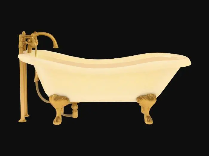 3D model for single Victorian-style bathtub with claw feet and a high back, featuring a serene young Inuit woman amidst soft, frothy bubbles, with gold accents and diffused, warm lighting, no text or additional elements.