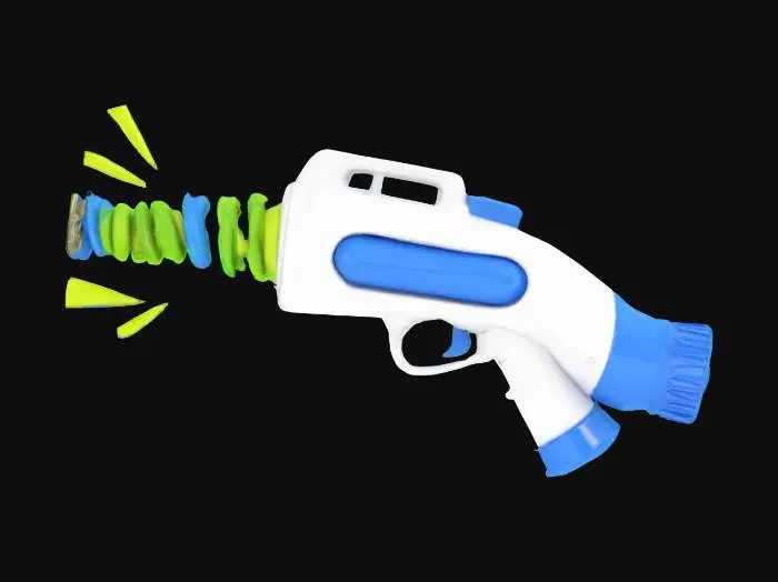 3D model for     - object: Cel-Shaded Turbo Toothpaste Cannon
      material: Plastic tube casing, pump lever, ammo cartridge socket
      shape_form: Giant toothpaste blaster for dual brushing and defense
      color_scheme: White, blue, neon lime cartridge strip
      texture_details: “FWOOSH!” comic text, toon shine arrows, mint fog
      style: Cel-Shaded
      environment_use_context: Futuristic bathroom comedy scene
      reference_models: [Hi-Fi Rush props, Mario & Luigi gear]