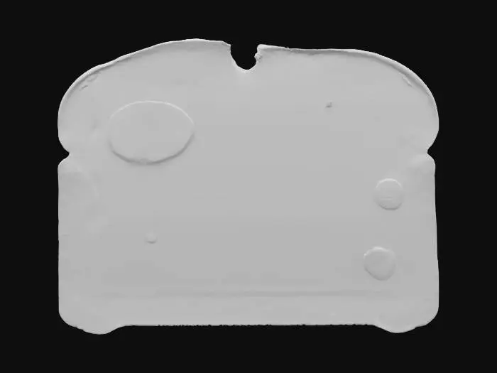 3D model for A slice of standard white toast, slightly unevenly browned with crisped edges. Its surface is dry and firm to the touch, displaying a subtle network of porous air pockets. Irregular patches of fuzzy, greenish-blue mold sprawl across one side, contrasting sharply with the golden-brown and off-white bread, giving it a soft, slightly raised, and spongy texture in affected areas.