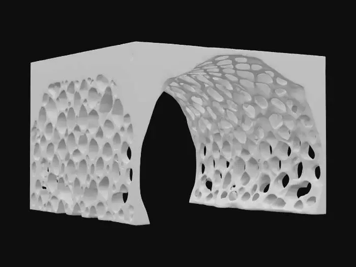 3D model for Subject: Parametric Voronoi lattice arch

Style: Futuristic organic parametric design

Material: Matte white ceramic structure with integrated LED modules

Details:

A single sweeping arch formed by interlocking Voronoi cells of varying sizes

Subtle beveled edges on each cell for a refined, high-poly look

Warm white LED backlighting embedded within select cells for depth

Smooth transitions between cells, emphasizing structural flow
, #arch#PBR Ceramic: Fine-grain matte ceramic with slight subsurface scatter

Emissive LEDs: Warm white glow with adjustable intensity and soft falloff

Surface Imperfections: Very light micro-roughness and faint dust accumulation in cell crevices