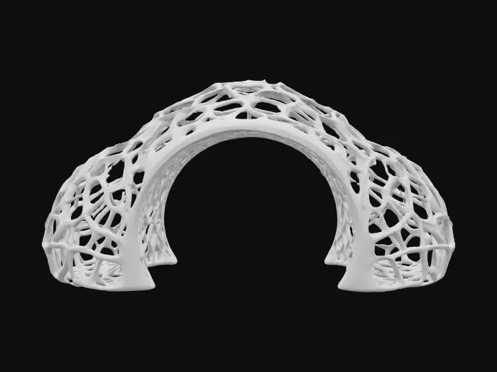 3D model for Subject: Parametric Voronoi lattice arch

Style: Futuristic organic parametric design

Material: Matte white ceramic structure with integrated LED modules

Details:

A single sweeping arch formed by interlocking Voronoi cells of varying sizes

Subtle beveled edges on each cell for a refined, high-poly look

Warm white LED backlighting embedded within select cells for depth

Smooth transitions between cells, emphasizing structural flow
, #arch#PBR Ceramic: Fine-grain matte ceramic with slight subsurface scatter

Emissive LEDs: Warm white glow with adjustable intensity and soft falloff

Surface Imperfections: Very light micro-roughness and faint dust accumulation in cell crevices