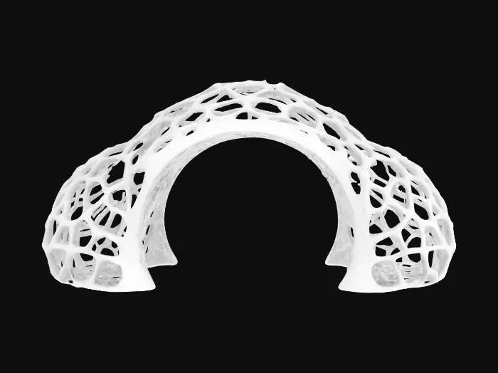 3D model for Subject: Parametric Voronoi lattice arch

Style: Futuristic organic parametric design

Material: Matte white ceramic structure with integrated LED modules

Details:

A single sweeping arch formed by interlocking Voronoi cells of varying sizes

Subtle beveled edges on each cell for a refined, high-poly look

Warm white LED backlighting embedded within select cells for depth

Smooth transitions between cells, emphasizing structural flow
, #arch#PBR Ceramic: Fine-grain matte ceramic with slight subsurface scatter

Emissive LEDs: Warm white glow with adjustable intensity and soft falloff

Surface Imperfections: Very light micro-roughness and faint dust accumulation in cell crevices