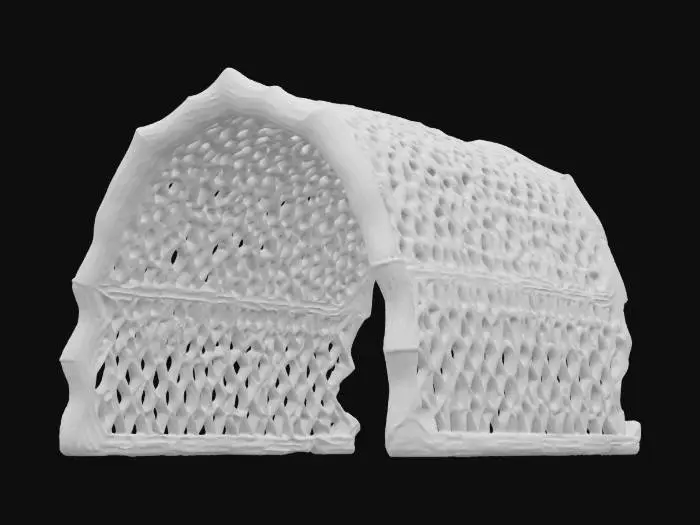 3D model for Subject: Parametric Voronoi lattice arch

Style: Futuristic organic parametric design

Material: Matte white ceramic structure with integrated LED modules

Details:

A single sweeping arch formed by interlocking Voronoi cells of varying sizes

Subtle beveled edges on each cell for a refined, high-poly look

Warm white LED backlighting embedded within select cells for depth

Smooth transitions between cells, emphasizing structural flow
, #arch#PBR Ceramic: Fine-grain matte ceramic with slight subsurface scatter

Emissive LEDs: Warm white glow with adjustable intensity and soft falloff

Surface Imperfections: Very light micro-roughness and faint dust accumulation in cell crevices