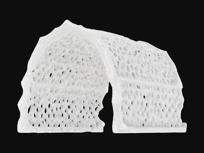 3D model for Subject: Parametric Voronoi lattice arch

Style: Futuristic organic parametric design

Material: Matte white ceramic structure with integrated LED modules

Details:

A single sweeping arch formed by interlocking Voronoi cells of varying sizes

Subtle beveled edges on each cell for a refined, high-poly look

Warm white LED backlighting embedded within select cells for depth

Smooth transitions between cells, emphasizing structural flow
, #arch#PBR Ceramic: Fine-grain matte ceramic with slight subsurface scatter

Emissive LEDs: Warm white glow with adjustable intensity and soft falloff

Surface Imperfections: Very light micro-roughness and faint dust accumulation in cell crevices
