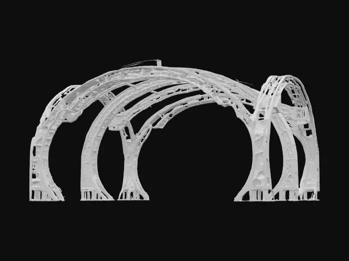 3D model for Subject: Dual-helix catenary arch

Style: Sci-fi cyberpunk parametric architecture


Embedded neon cables in cyan and magenta with soft glow and bloom

Semi-transparent holo-screens displaying animated digital motifs
Rain-slicked surfaces with subtle grime and water droplet details
Volumetric fog interactions and reflective puddles at the base
Purpose: High-impact sci-fi game or VR environment asset.
PBR Metal: Dark anodized steel with fine specular highlights and slight surface imperfections
Emissive Neon: Cyan and magenta neon tubing with bloom and adjustable intensity
Holographic: Semi-transparent material with refractive shimmer and animated noise patterns
Weathering: Light dirt/grime overlays, streaked water droplets, and subtle rust accents for realism, #arch#