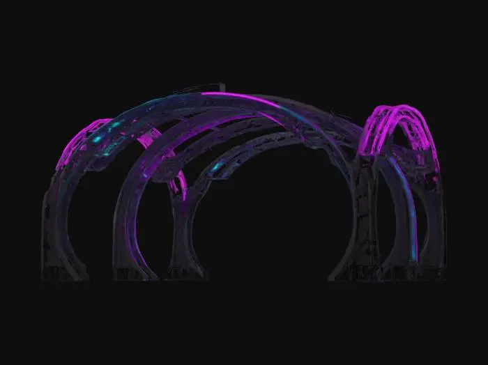 3D model for Subject: Dual-helix catenary arch

Style: Sci-fi cyberpunk parametric architecture


Embedded neon cables in cyan and magenta with soft glow and bloom

Semi-transparent holo-screens displaying animated digital motifs
Rain-slicked surfaces with subtle grime and water droplet details
Volumetric fog interactions and reflective puddles at the base
Purpose: High-impact sci-fi game or VR environment asset.
PBR Metal: Dark anodized steel with fine specular highlights and slight surface imperfections
Emissive Neon: Cyan and magenta neon tubing with bloom and adjustable intensity
Holographic: Semi-transparent material with refractive shimmer and animated noise patterns
Weathering: Light dirt/grime overlays, streaked water droplets, and subtle rust accents for realism, #arch#