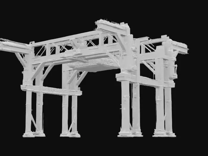 3D model for Universal Century–style maintenance archway for an 18 m Gundam clearance; Style: Industrial sci-fi mecha architecture echoing the Earth Federation hangar facilities; Material: Titanium-alloy girders with steel panels and ceramic plating; Details: Semi-circular arch, 30 m span, 5 m depth, 45° beveled inner edge, honeycomb panels, two 20 m cylindrical pillars with X braces, retractable maintenance platforms on telescopic rails, monorail crane track with gantry arm, LED channel lights, exposed hydraulic piping, chipped paint, rust and oil streaks, access hatches at pillar bases, block-matrix signage above the arch, external conduit runs, oil stains under chipped paint, metallic maps for rivets and seams; Purpose: High-detail Gundam hangar environment asset optimized for PBR rendering, #arch#
