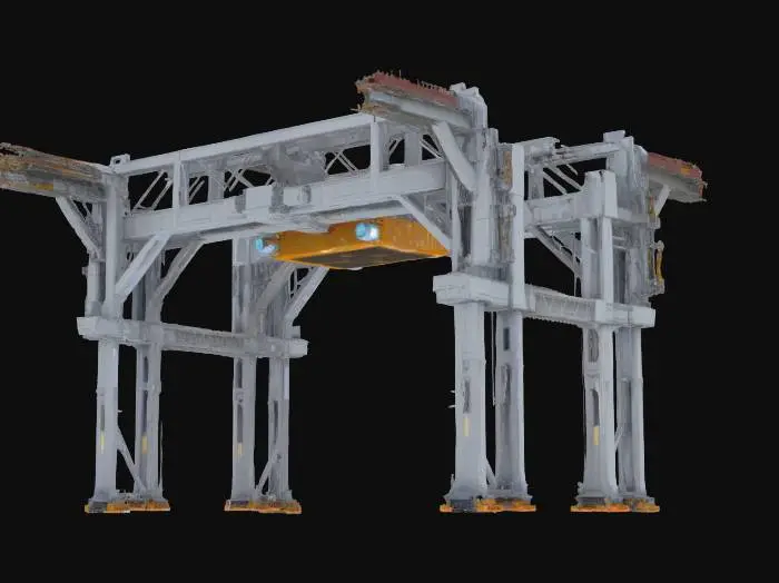 3D model for Universal Century–style maintenance archway for an 18 m Gundam clearance; Style: Industrial sci-fi mecha architecture echoing the Earth Federation hangar facilities; Material: Titanium-alloy girders with steel panels and ceramic plating; Details: Semi-circular arch, 30 m span, 5 m depth, 45° beveled inner edge, honeycomb panels, two 20 m cylindrical pillars with X braces, retractable maintenance platforms on telescopic rails, monorail crane track with gantry arm, LED channel lights, exposed hydraulic piping, chipped paint, rust and oil streaks, access hatches at pillar bases, block-matrix signage above the arch, external conduit runs, oil stains under chipped paint, metallic maps for rivets and seams; Purpose: High-detail Gundam hangar environment asset optimized for PBR rendering, #arch#