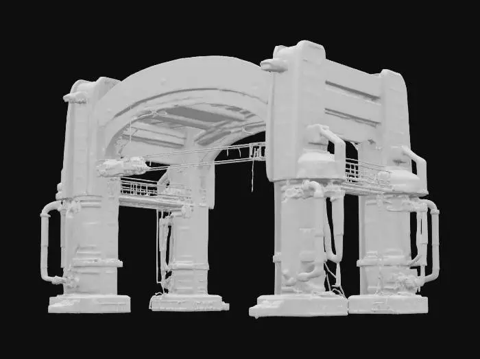 3D model for Universal Century–style maintenance archway for an 18 m Gundam clearance; Style: Industrial sci-fi mecha architecture echoing the Earth Federation hangar facilities; Material: Titanium-alloy girders with steel panels and ceramic plating; Details: Semi-circular arch, 30 m span, 5 m depth, 45° beveled inner edge, honeycomb panels, two 20 m cylindrical pillars with X braces, retractable maintenance platforms on telescopic rails, monorail crane track with gantry arm, LED channel lights, exposed hydraulic piping, chipped paint, rust and oil streaks, access hatches at pillar bases, block-matrix signage above the arch, external conduit runs, oil stains under chipped paint, metallic maps for rivets and seams; Purpose: High-detail Gundam hangar environment asset optimized for PBR rendering, #arch#