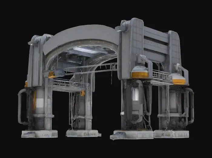 3D model for Universal Century–style maintenance archway for an 18 m Gundam clearance; Style: Industrial sci-fi mecha architecture echoing the Earth Federation hangar facilities; Material: Titanium-alloy girders with steel panels and ceramic plating; Details: Semi-circular arch, 30 m span, 5 m depth, 45° beveled inner edge, honeycomb panels, two 20 m cylindrical pillars with X braces, retractable maintenance platforms on telescopic rails, monorail crane track with gantry arm, LED channel lights, exposed hydraulic piping, chipped paint, rust and oil streaks, access hatches at pillar bases, block-matrix signage above the arch, external conduit runs, oil stains under chipped paint, metallic maps for rivets and seams; Purpose: High-detail Gundam hangar environment asset optimized for PBR rendering, #arch#