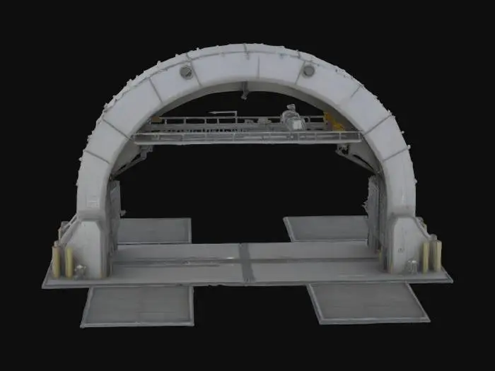 3D model for Universal Century–style maintenance archway for an 18 m Gundam clearance; Style: Industrial sci-fi mecha architecture echoing the Earth Federation hangar facilities; Material: Titanium-alloy girders with steel panels and ceramic plating; Details: Semi-circular arch, 30 m span, 5 m depth, 45° beveled inner edge, honeycomb panels, two 20 m cylindrical pillars with X braces, retractable maintenance platforms on telescopic rails, monorail crane track with gantry arm, LED channel lights, exposed hydraulic piping, chipped paint, rust and oil streaks, access hatches at pillar bases, block-matrix signage above the arch, external conduit runs, oil stains under chipped paint, metallic maps for rivets and seams; Purpose: High-detail Gundam hangar environment asset optimized for PBR rendering, #arch#