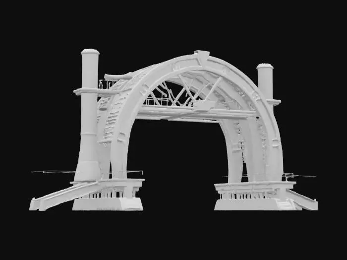 3D model for Universal Century–style maintenance archway for an 18 m Gundam clearance; Style: Industrial sci-fi mecha architecture echoing the Earth Federation hangar facilities; Material: Titanium-alloy girders with steel panels and ceramic plating; Details: Semi-circular arch, 30 m span, 5 m depth, 45° beveled inner edge, honeycomb panels, two 20 m cylindrical pillars with X braces, retractable maintenance platforms on telescopic rails, monorail crane track with gantry arm, LED channel lights, exposed hydraulic piping, chipped paint, rust and oil streaks, access hatches at pillar bases, block-matrix signage above the arch, external conduit runs, oil stains under chipped paint, metallic maps for rivets and seams; Purpose: High-detail Gundam hangar environment asset optimized for PBR rendering, #arch#
