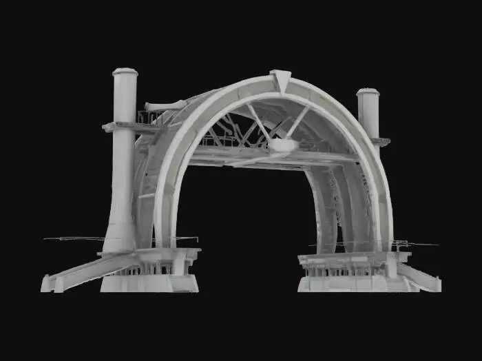 3D model for Universal Century–style maintenance archway for an 18 m Gundam clearance; Style: Industrial sci-fi mecha architecture echoing the Earth Federation hangar facilities; Material: Titanium-alloy girders with steel panels and ceramic plating; Details: Semi-circular arch, 30 m span, 5 m depth, 45° beveled inner edge, honeycomb panels, two 20 m cylindrical pillars with X braces, retractable maintenance platforms on telescopic rails, monorail crane track with gantry arm, LED channel lights, exposed hydraulic piping, chipped paint, rust and oil streaks, access hatches at pillar bases, block-matrix signage above the arch, external conduit runs, oil stains under chipped paint, metallic maps for rivets and seams; Purpose: High-detail Gundam hangar environment asset optimized for PBR rendering, #arch#