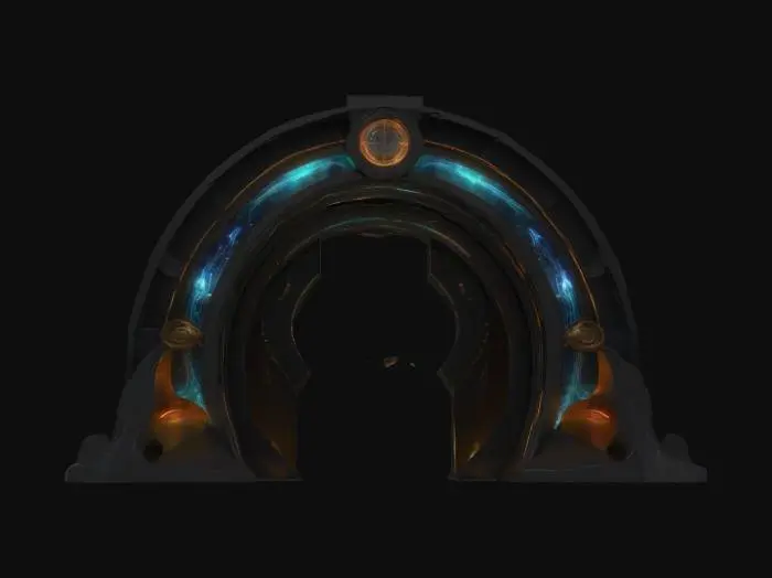 3D model for Portal Archway linking two worlds with dimensional transference gateway
Style: Ethereal cosmic-fantasy-meets-sleek sci-fi design with art nouveau curves and angular tech accents
Material: Crystal-infused obsidian framework, luminescent mythril conduits, holographic Aetheric panels
Details: Twin concentric arch rings (span 50 m) with shifting fractal patterns, central floating keystone orb, bioluminescent filament veins, engraved arcane glyph circuits, micro-thruster stabilizers, suspended anti-gravity pylons, reflective mirror plating, subtle particle mist emitters and dynamic color-shifting luminescence ribbons, nano-sculpted runic filigree along edges
Purpose: Iconic world-bridge landmark optimized for PBR visualization in game cinematics and VR explorations and gallery showcase, #arch#