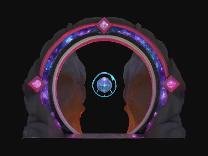 3D model for Portal Archway linking two worlds with dimensional transference gateway
Style: Ethereal cosmic-fantasy-meets-sleek sci-fi design with art nouveau curves and angular tech accents
Material: Crystal-infused obsidian framework, luminescent mythril conduits, holographic Aetheric panels
Details: Twin concentric arch rings (span 50 m) with shifting fractal patterns, central floating keystone orb, bioluminescent filament veins, engraved arcane glyph circuits, micro-thruster stabilizers, suspended anti-gravity pylons, reflective mirror plating, subtle particle mist emitters and dynamic color-shifting luminescence ribbons, nano-sculpted runic filigree along edges
Purpose: Iconic world-bridge landmark optimized for PBR visualization in game cinematics and VR explorations and gallery showcase, #arch#