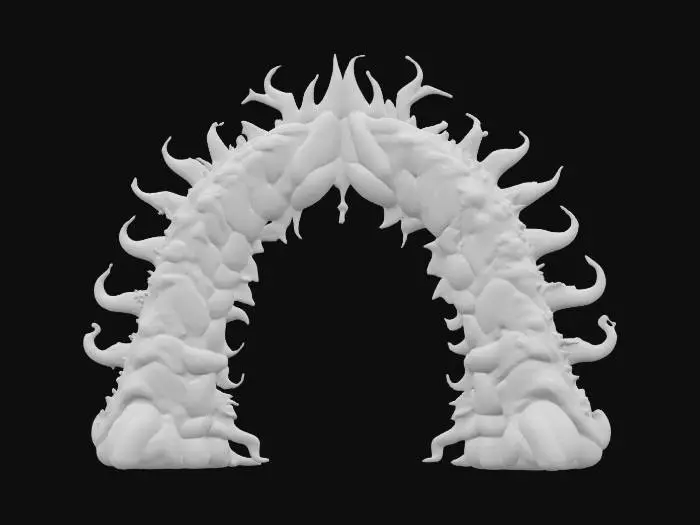 3D model for Object: Colossal bio-architectural archway organism
Material: Bioengineered chitin exoskeleton, mycelium-reinforced cores, photosynthetic glass membranes, vascular hydrogel veins
Shape/Form: 300-meter parabolic span with branching root-like pylons, ribbed vertebrae segments, dorsal respiration vents, tail-cantilever shading pods
Color Scheme: Jade-to-copper gradient outer skin, cyan bioluminescent vein network, sunset-amber membrane highlights
Texture Details: Semi-translucent living surface, subtle gloss, visible pulsing vascular channels, fibrous underside plates
Style: Biopunk realistic, high-poly organic megastructure
Reference Models: Gaudí-inspired flowing masonry, Avatar-style mega-flora, Grimshaw Eden Project biomes, #arch#