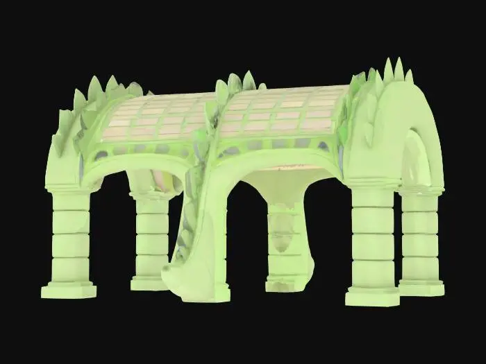 3D model for Object: Architectural archway pavilion shaped like a friendly cartoon dinosaur
Material: Reinforced concrete frame with tinted glass infill panels, anodized aluminum trim
Shape/Form: Single sweeping arch spine (10 m span) echoing a sauropod’s back, evenly spaced “rib” columns, rounded snout entrance, tapering tail cantilever for shade
Color Scheme: Soft pastel-green exterior skin, warm-white interior soffits, sky-blue glass accents on rib gaps
Texture Details: Smooth cast-in-place concrete, subtle panel joints; matte aluminum trim; low-gloss glass surfaces
Style: Cartoon-inspired yet functional architectural structure, low-poly massing with clean planar facets
Reference Models: Structural rhythm similar to Santiago Calatrava’s ribbed designs, but with proportions , #arch#