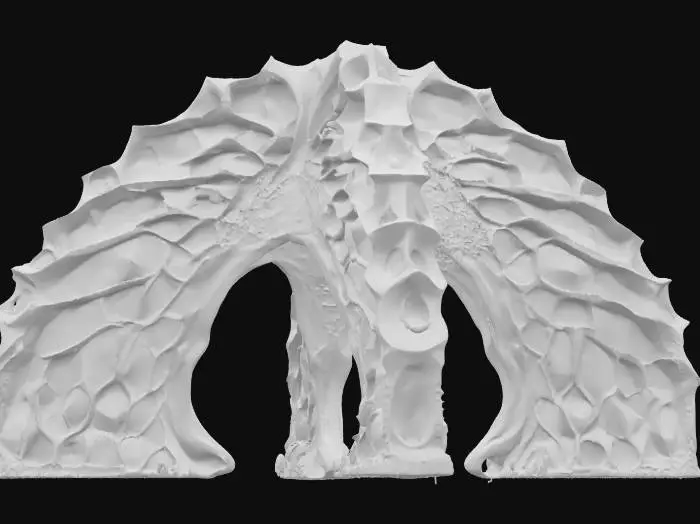 3D model for Object: Colossal bio-architectural archway organism
Material: Bioengineered chitin exoskeleton, mycelium-reinforced cores, photosynthetic glass membranes, vascular hydrogel veins
Shape/Form: 300-meter parabolic span with branching root-like pylons, ribbed vertebrae segments, dorsal respiration vents, tail-cantilever shading pods
Color Scheme: Jade-to-copper gradient outer skin, cyan bioluminescent vein network, sunset-amber membrane highlights
Texture Details: Semi-translucent living surface, subtle gloss, visible pulsing vascular channels, fibrous underside plates
Style: Biopunk realistic, high-poly organic megastructure
Reference Models: Gaudí-inspired flowing masonry, Avatar-style mega-flora, Grimshaw Eden Project biomes, #arch#