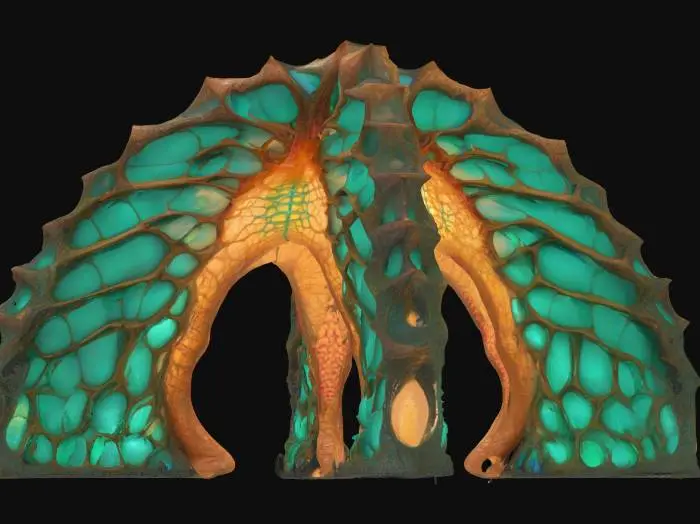 3D model for Object: Colossal bio-architectural archway organism
Material: Bioengineered chitin exoskeleton, mycelium-reinforced cores, photosynthetic glass membranes, vascular hydrogel veins
Shape/Form: 300-meter parabolic span with branching root-like pylons, ribbed vertebrae segments, dorsal respiration vents, tail-cantilever shading pods
Color Scheme: Jade-to-copper gradient outer skin, cyan bioluminescent vein network, sunset-amber membrane highlights
Texture Details: Semi-translucent living surface, subtle gloss, visible pulsing vascular channels, fibrous underside plates
Style: Biopunk realistic, high-poly organic megastructure
Reference Models: Gaudí-inspired flowing masonry, Avatar-style mega-flora, Grimshaw Eden Project biomes, #arch#