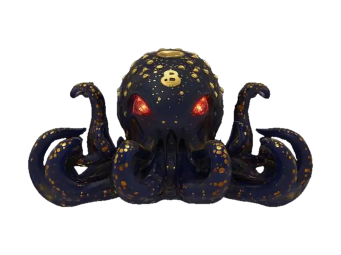 { "Object": "Crypto Kraken", "Material": "Sleek obsidian shell plates overlaid with… 3D model, AI generated