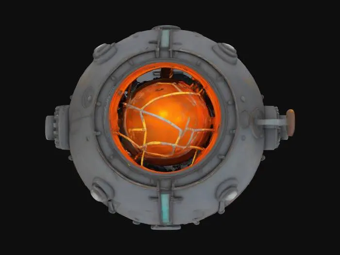 3D model for {
  "Object": "Trojan Sea Mine",
  "Material": "Aged, corroded steel orb overlaid with glowing data-node lattice and reinforced by glitch-forged alloy ribs",
  "Shape/Form": "Classic spherical mine silhouette, but with hexagonal mesh nodes replacing spikes and integrated data ports",
  "Color Scheme": "Matte gunmetal grey base, with pulsating neon orange core pulses and electric cyan network seams",
  "Texture Details": "PBR corroded steel pitting, raised binary-engraved ridges, emissive data-port apertures with scanline glitch overlays",
  "Style": "Realistic PBR fused with industrial-cyberpunk menace",
  "Reference Models": [
    "WWII naval mine silhouettes",
    "Hex-grid network schematics",
    "Cyberpunk industrial hardware"
  ]
}, #ocean#, 
