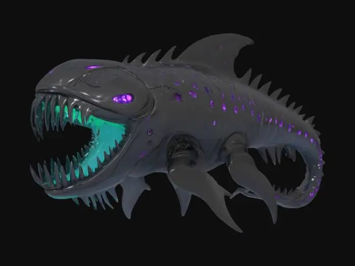 3D model for {, #ocean#, 
  "Object": "Sovereign Obliterator Leviathan",
  "Material": "Pure platinum-titanium alloy plating laced with quantum-entangled data filaments",
  "Shape/Form": "Titanic leviathan silhouette with serrated dorsal fins and a vortex-like maw of swirling code",
  "Color Scheme": "Black chrome base with pulsating violet quantum veins and radioactive emerald kill-switch nodes",
  "Texture Details": "Mirror-polish reflective surfaces, micro-etched circuit fractals, dynamic refractive glitch distortions",
  "Style": "Hyper-realistic PBR fused with sci-fi biomechanical horror",
  "Reference Models": [
    "Deep-sea eel musculature",
    "Quantum computing chip weave",
    "Biomechanical designs of H.R. Giger"
  ]
}, #ocean#, 
